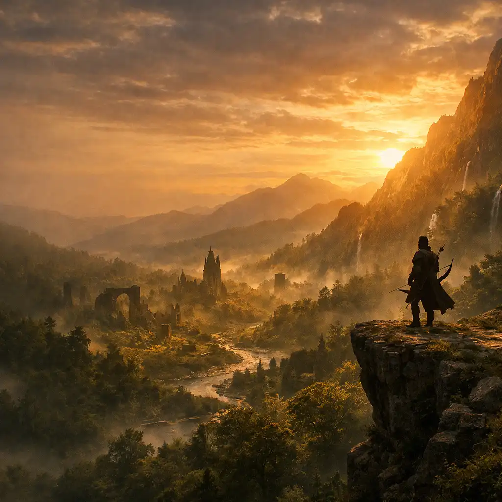 Fantasy erdei völgy íjásszal naplementében