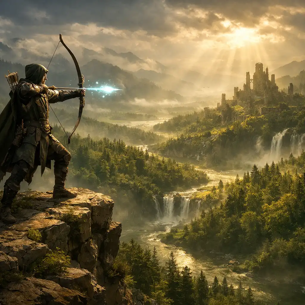 Fantasy íjász a völgy felett